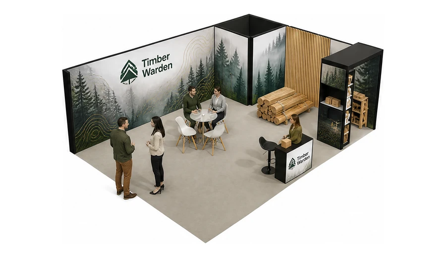 Stoisko 8 × 6 m narożne prawe dla branży leśnictwo i przemysł drzewny, przykładowa marka Timber Warden