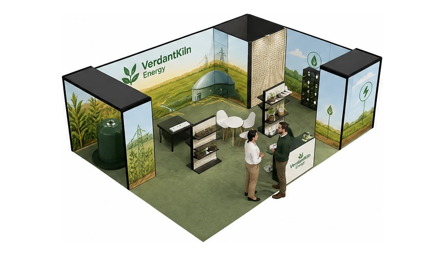 Stoisko 8 × 6 m narożne prawe dla branży biogaz i OZE, przykładowa marka VerdantKiln Energy