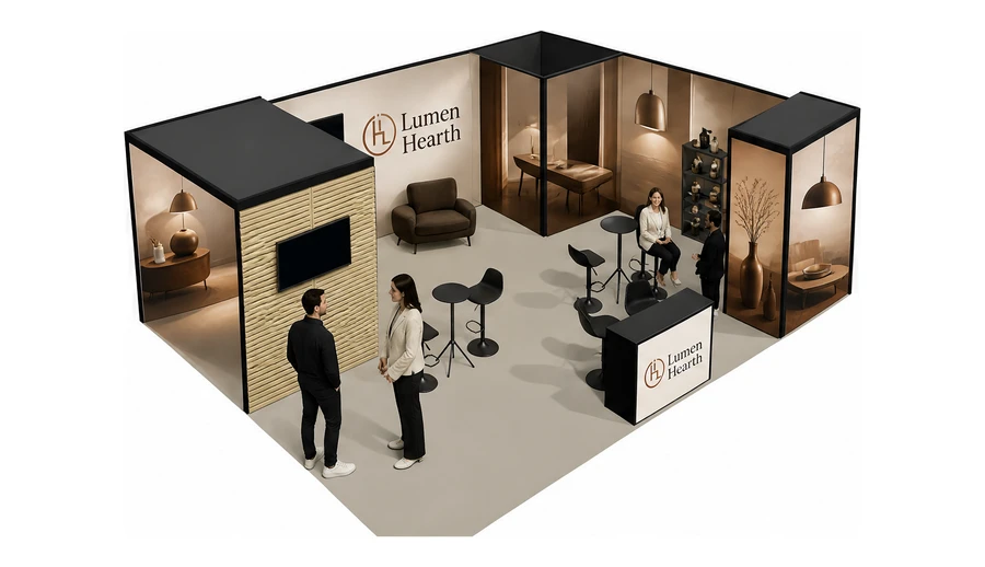 Stoisko 8 × 6 m narożne prawe dla branży meble designerskie, przykładowa marka Lumen Hearth