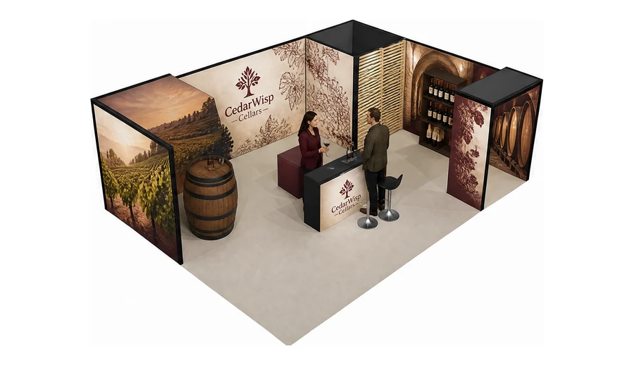 Stoisko 8 × 6 m narożne prawe dla branży winnica, przykładowa marka CedarWisp Cellars