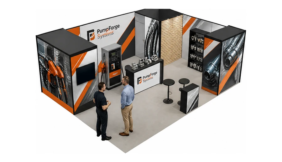 Stoisko 8 × 6 m narożne prawe dla branży stacje paliw, przykładowa marka PumpForge Systems
