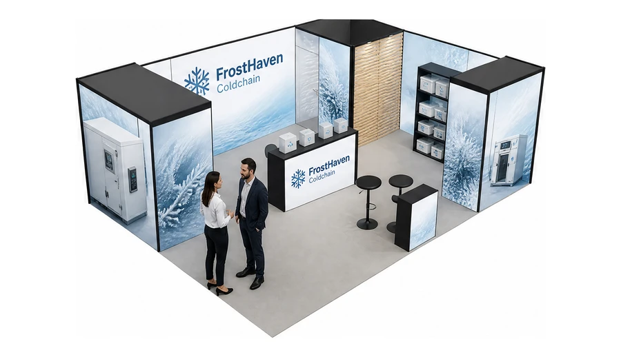Stoisko 8 × 6 m narożne prawe dla branży łańcuch chłodniczy, przykładowa marka FrostHaven Coldchain
