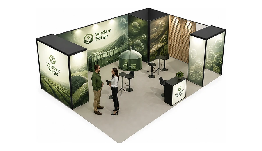 Stoisko 8 × 6 m narożne prawe dla branży biogaz i OZE, przykładowa marka Verdant Forge