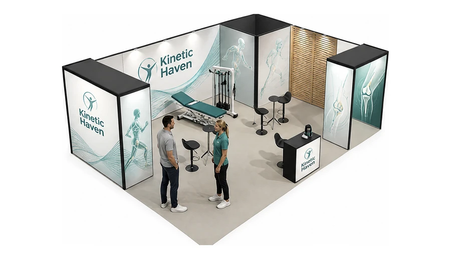 Stoisko 8 × 6 m narożne prawe dla branży rehabilitacja i fizjoterapia, przykładowa marka Kinetic Haven