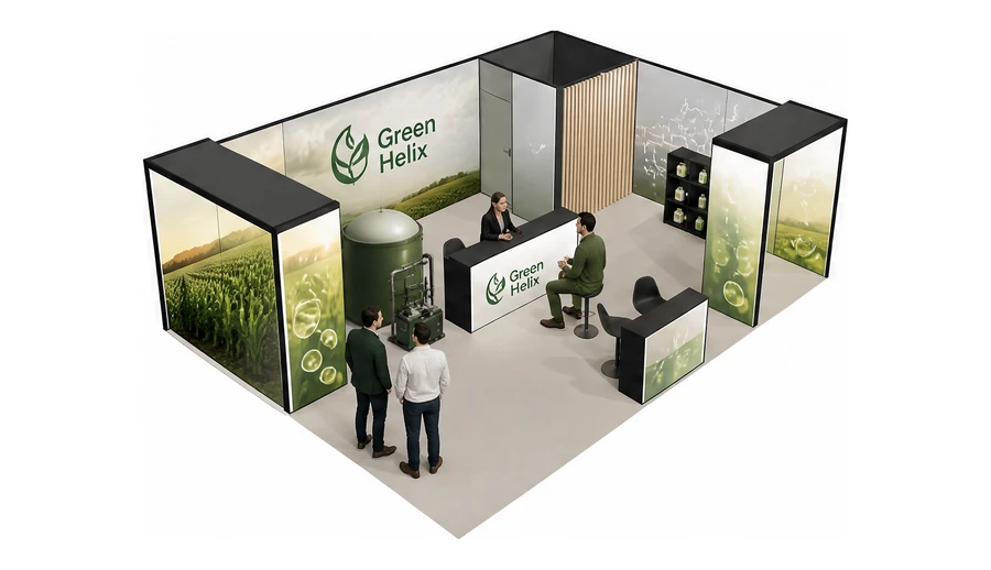 Stoisko 8 × 6 m narożne prawe dla branży biogaz i OZE, przykładowa marka Green Helix
