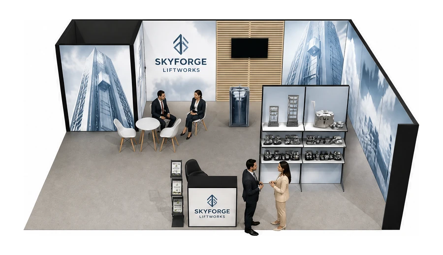 Stoisko 8 × 6 m narożne prawe dla branży dźwigi i windy, przykładowa marka Skyforge Liftworks