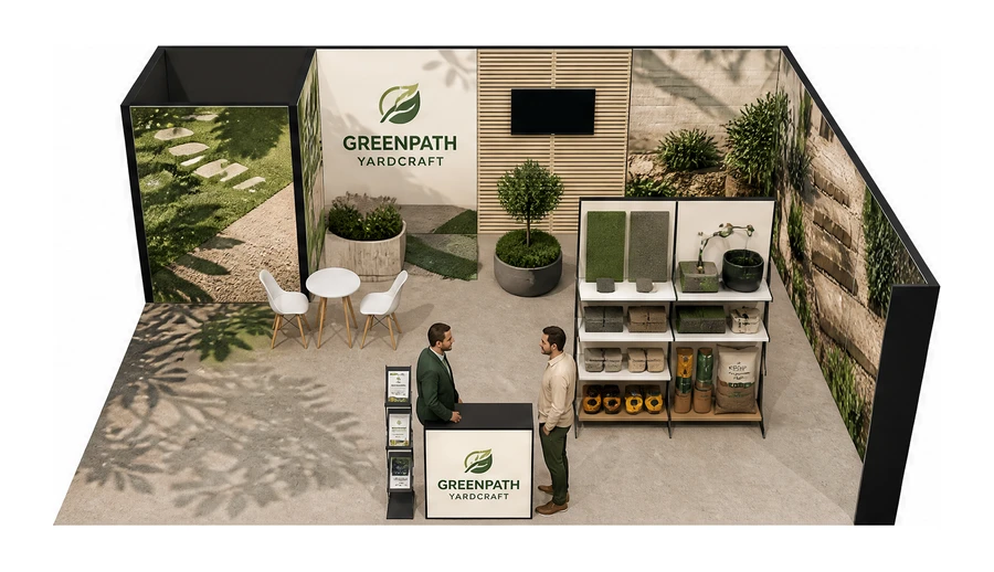 Stoisko 8 × 6 m narożne prawe dla branży ogród i architektura krajobrazu, przykładowa marka Greenpath Yardcraft