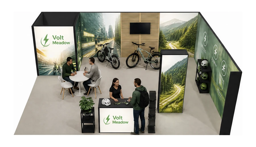 Stoisko 8 × 6 m narożne prawe dla branży rowery elektryczne, przykładowa marka Volt Meadow