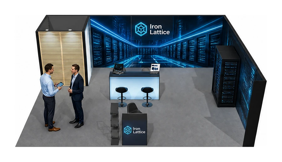 Stoisko 8 × 6 m narożne prawe dla branży infrastruktura IT i data center, przykładowa marka Iron Lattice