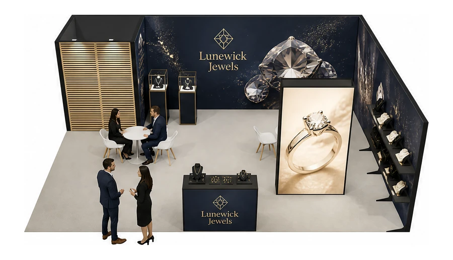 Stoisko 8 × 6 m narożne prawe dla branży biżuteria, przykładowa marka Lunewick Jewels