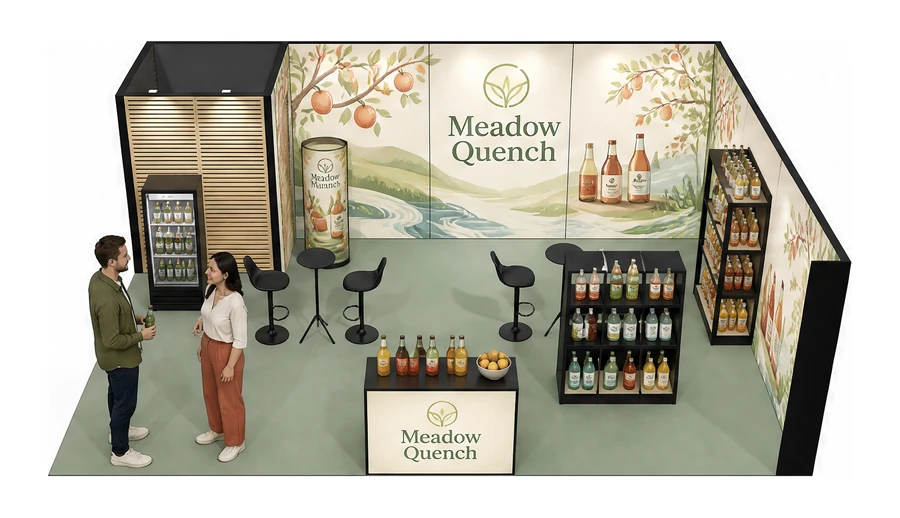 Stoisko 8 × 6 m narożne prawe dla branży napoje, przykładowa marka Meadow Quench