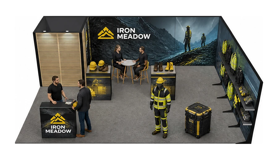 Stoisko 8 × 6 m narożne prawe dla branży BHP i odzież ochronna, przykładowa marka Iron Meadow