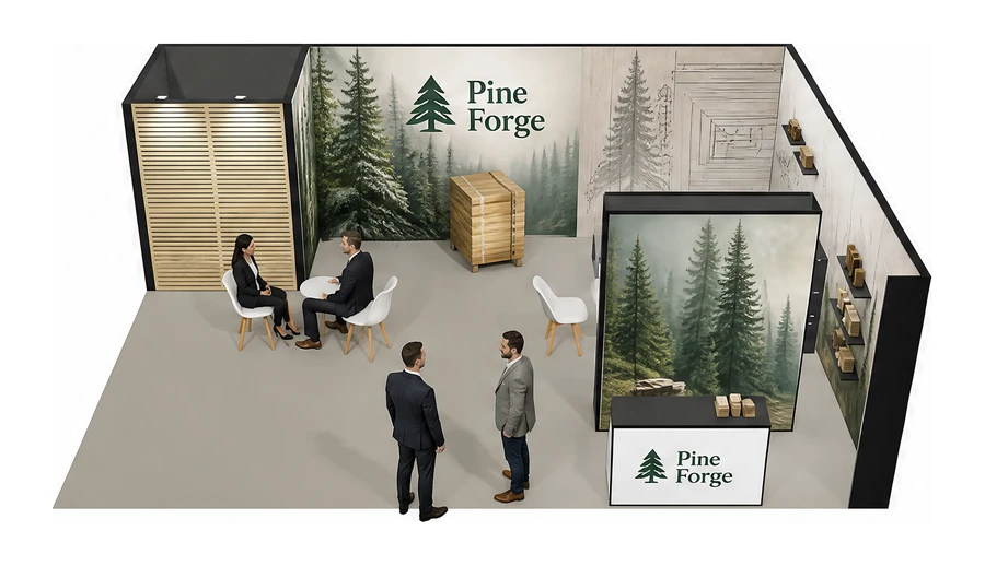 Stoisko 8 × 6 m narożne prawe dla branży leśnictwo i przemysł drzewny, przykładowa marka Pine Forge
