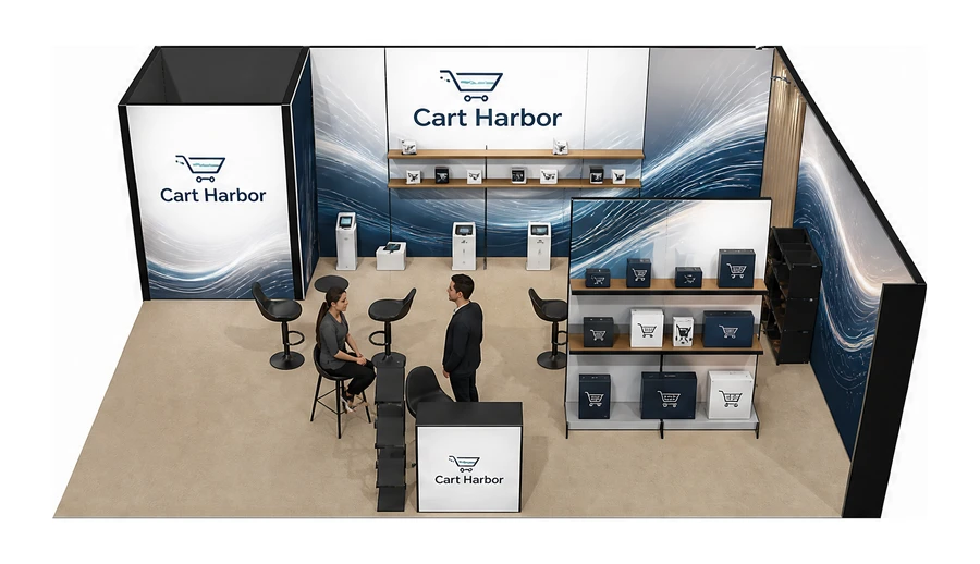 Stoisko 8 × 6 m narożne prawe dla branży e-commerce, przykładowa marka Cart Harbor