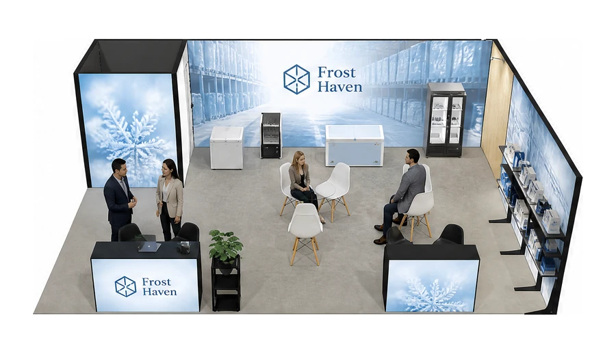 Stoisko 8 × 6 m narożne prawe dla branży łańcuch chłodniczy, przykładowa marka Frost Haven