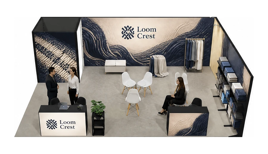 Stoisko 8 × 6 m narożne prawe dla branży tekstylia i tkaniny, przykładowa marka Loom Crest