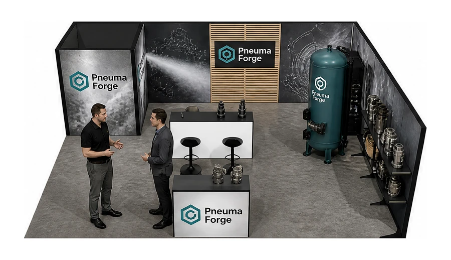 Stoisko 8 × 6 m narożne prawe dla branży pneumatyka i sprężone powietrze, przykładowa marka Pneuma Forge