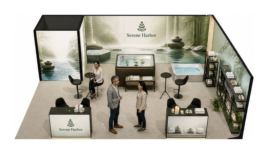 Stoisko 8 × 6 m narożne prawe dla branży spa i wellness, przykładowa marka Serene Harbor