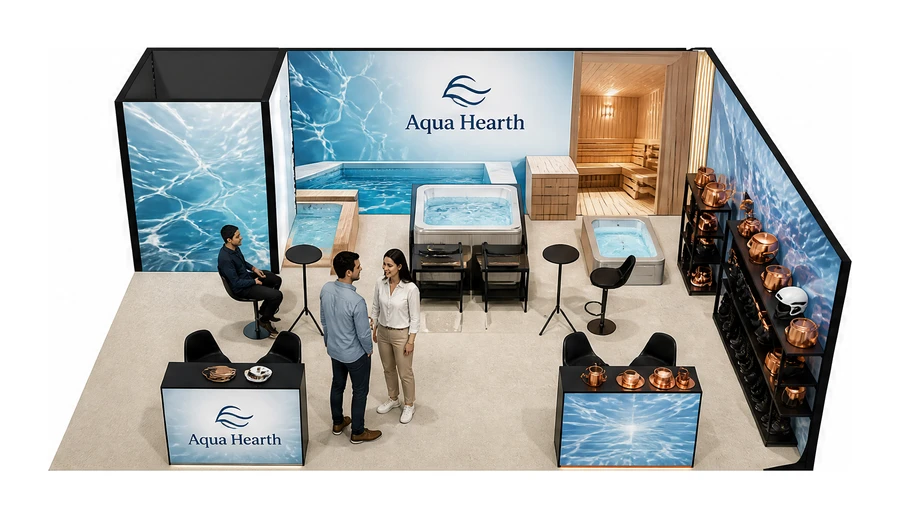 Stoisko 8 × 6 m narożne prawe dla branży baseny i sauny, przykładowa marka Aqua Hearth