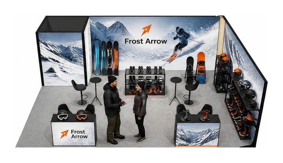 Stoisko 8 × 6 m narożne prawe dla branży narciarstwo i sporty zimowe, przykładowa marka Frost Arrow