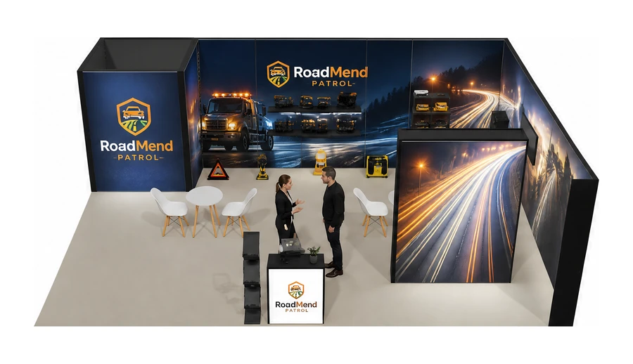 Stoisko 8 × 6 m narożne prawe dla branży pomoc drogowa i lawety, przykładowa marka RoadMend Patrol