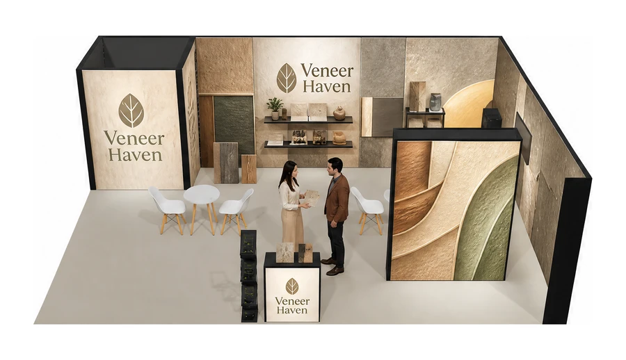 Stoisko 8 × 6 m narożne prawe dla branży wykończenie wnętrz, przykładowa marka Veneer Haven
