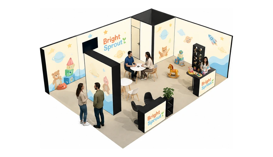 Stoisko 8 × 6 m narożne prawe dla branży zabawki i artykuły dziecięce, przykładowa marka Bright Sprout