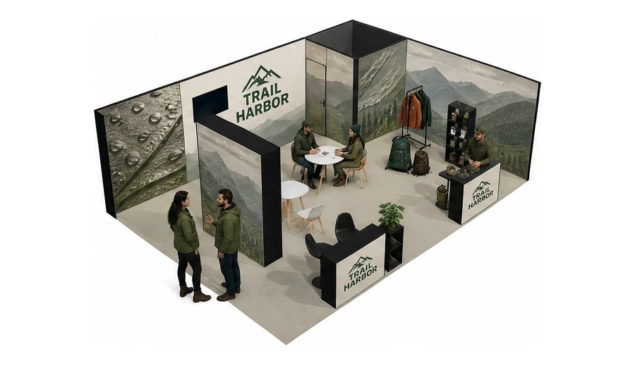 Stoisko 8 × 6 m narożne prawe dla branży odzież i sprzęt outdoorowy, przykładowa marka Trail Harbor