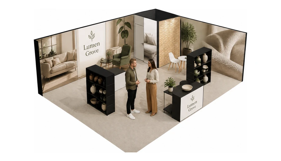 Stoisko 8 × 6 m narożne prawe dla branży meble designerskie, przykładowa marka Lumen Grove
