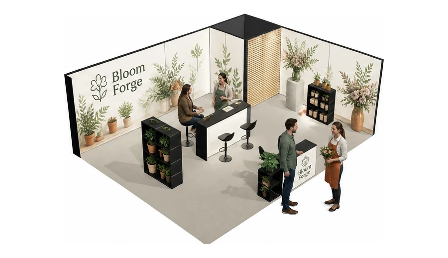 Stoisko 8 × 6 m narożne prawe dla branży rośliny i kwiaciarstwo, przykładowa marka Bloom Forge