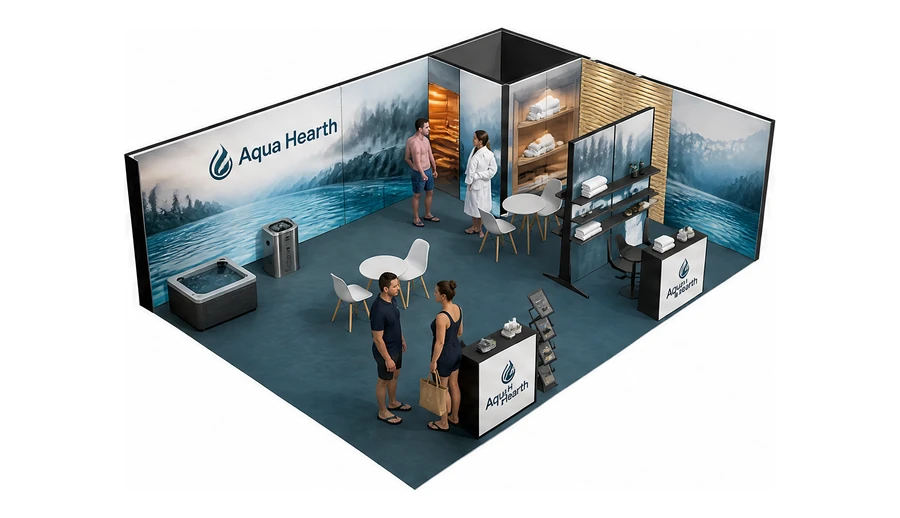 Stoisko 8 × 6 m narożne prawe dla branży baseny i sauny, przykładowa marka Aqua Hearth