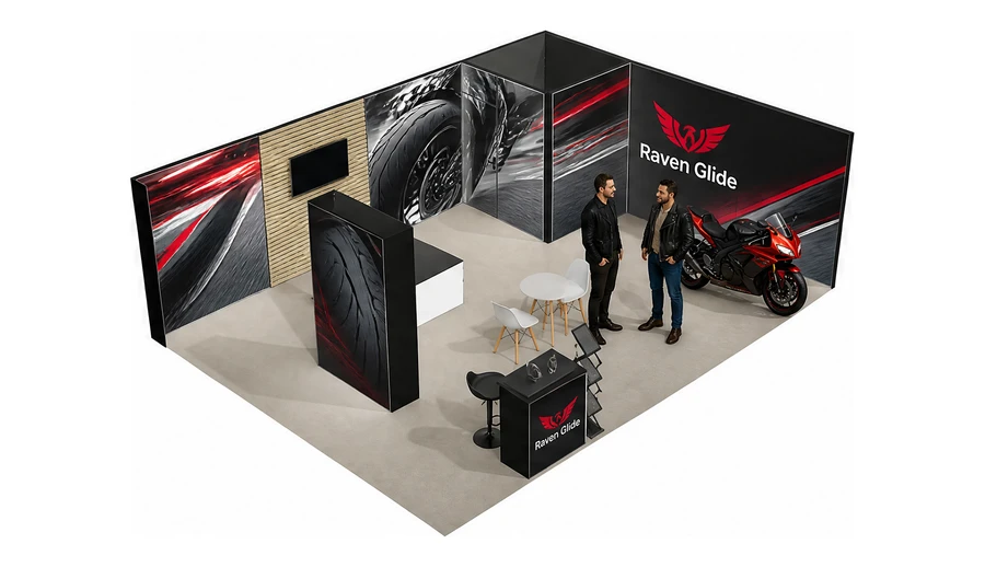 Stoisko 8 × 6 m narożne prawe dla branży motocykle i skutery, przykładowa marka Raven Glide
