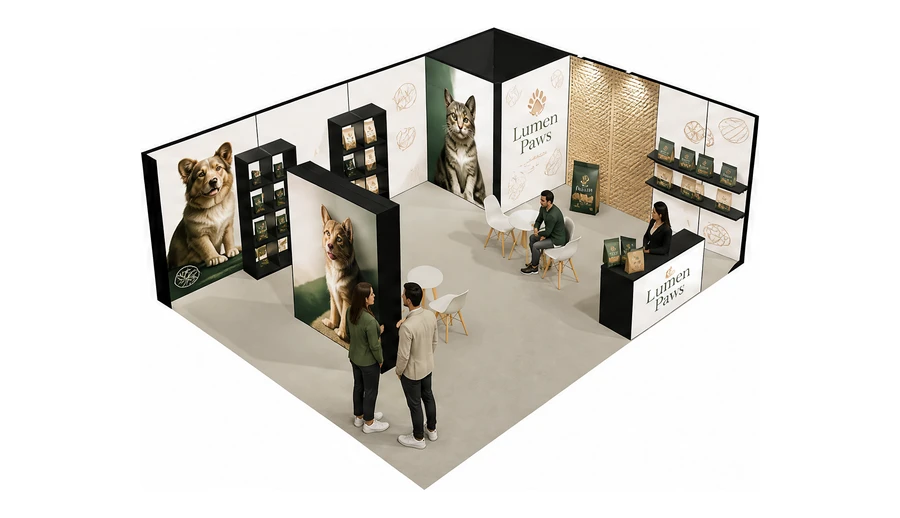 Stoisko 8 × 6 m narożne prawe dla branży karma dla zwierząt, przykładowa marka Lumen Paws