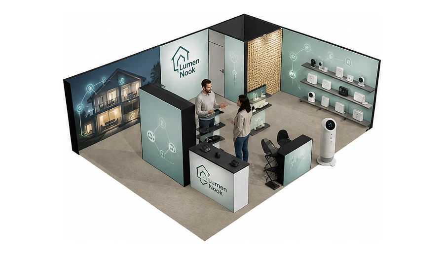 Stoisko 8 × 6 m narożne prawe dla branży smart home i IoT, przykładowa marka Lumen Nook