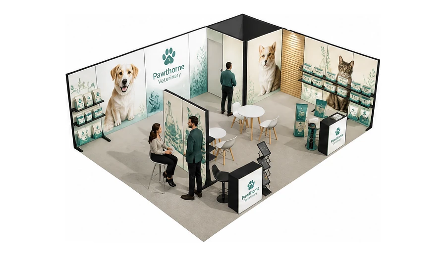 Stoisko 8 × 6 m narożne prawe dla branży weterynaria, przykładowa marka Pawthorne Veterinary