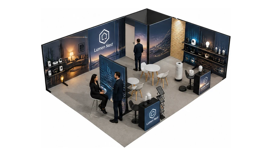 Stoisko 8 × 6 m narożne prawe dla branży smart home i IoT, przykładowa marka Lumen Nest