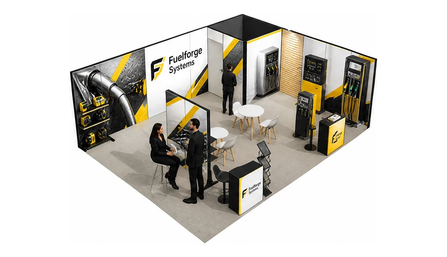 Stoisko 8 × 6 m narożne prawe dla branży stacje paliw, przykładowa marka Fuelforge Systems