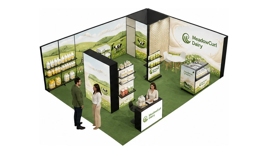 Stoisko 8 × 6 m narożne prawe dla branży nabiał i mleczarstwo, przykładowa marka MeadowCurl Dairy