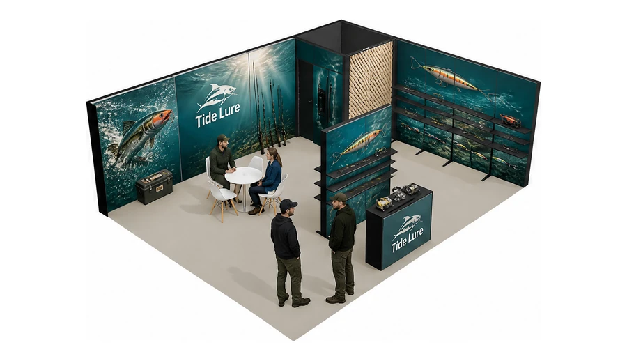 Stoisko 8 × 6 m narożne prawe dla branży wędkarstwo, przykładowa marka Tide Lure