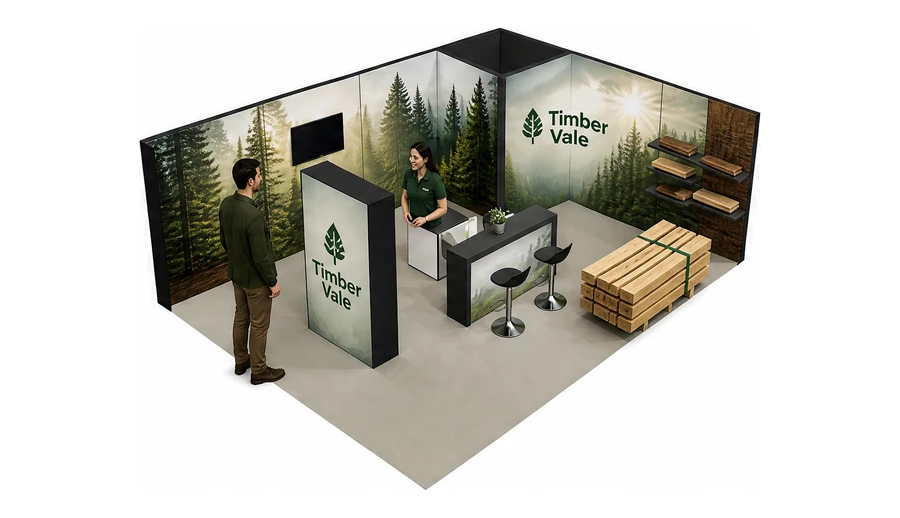 Stoisko 8 × 6 m narożne prawe dla branży leśnictwo i przemysł drzewny, przykładowa marka Timber Vale