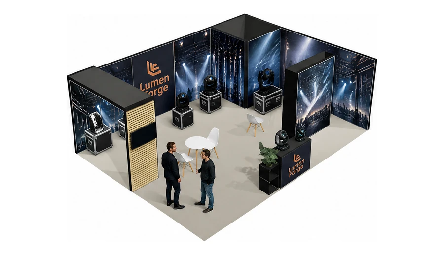 Stoisko 8 × 6 m narożne prawe dla branży branża eventowa, przykładowa marka Lumen Forge