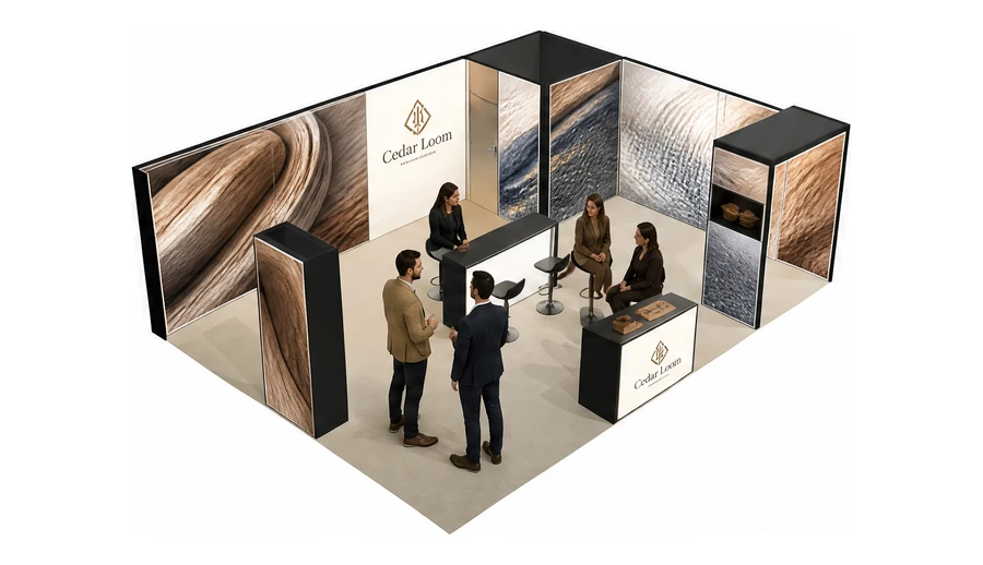 Stoisko 8 × 6 m narożne prawe dla branży meble designerskie, przykładowa marka Cedar Loom