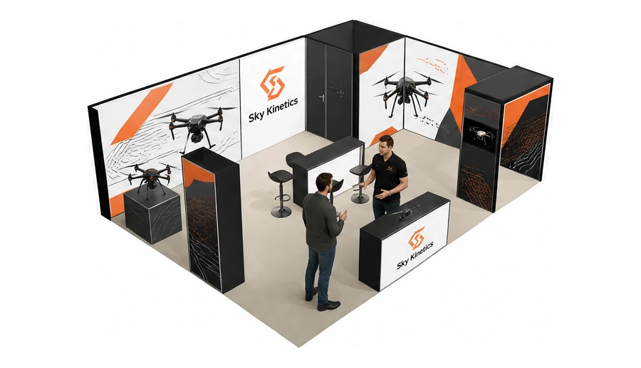 Stoisko 8 × 6 m narożne prawe dla branży drony i robotyka, przykładowa marka Sky Kinetics