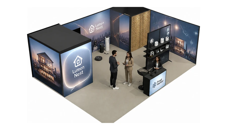 Stoisko 8 × 6 m narożne prawe dla branży smart home i IoT, przykładowa marka Lumen Nest