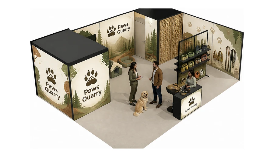 Stoisko 8 × 6 m narożne prawe dla branży akcesoria dla zwierząt, przykładowa marka Paws Quarry