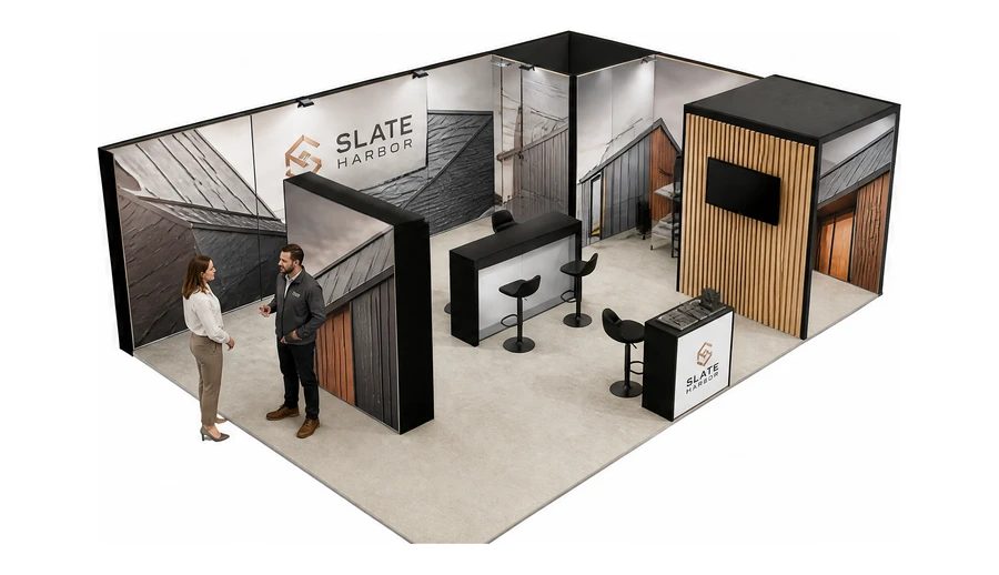 Stoisko 8 × 6 m narożne prawe dla branży dachy i elewacje, przykładowa marka Slate Harbor