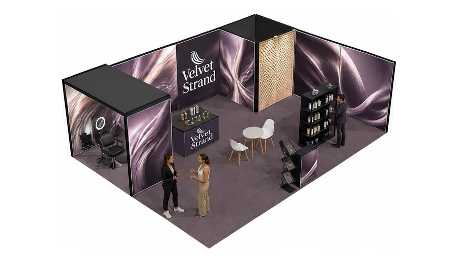Stoisko 8 × 6 m narożne prawe dla branży fryzjerstwo i salony beauty, przykładowa marka Velvet Strand