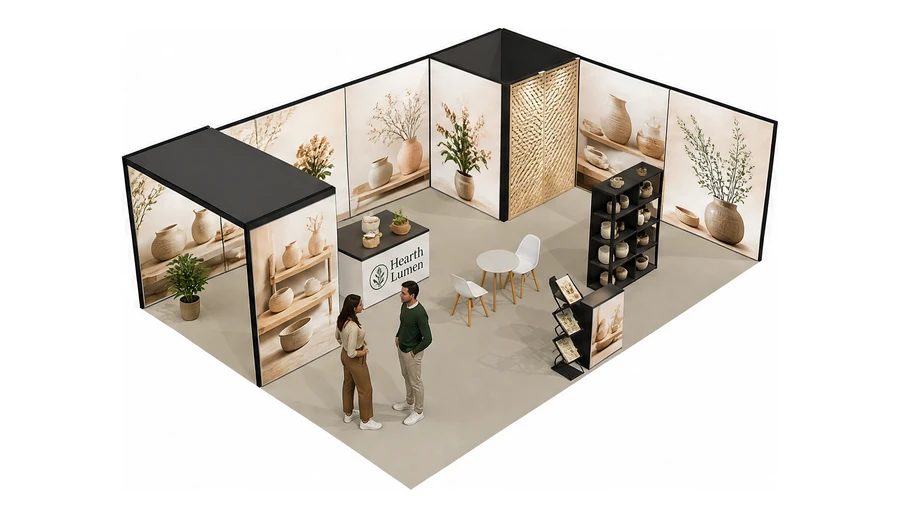 Stoisko 8 × 6 m narożne prawe dla branży dekoracje i upominki, przykładowa marka Hearth Lumen