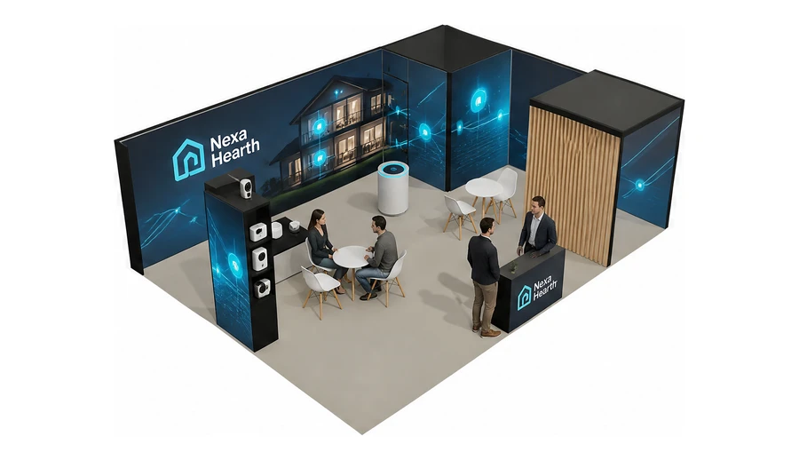 Stoisko 8 × 6 m narożne prawe dla branży smart home i IoT, przykładowa marka Nexa Hearth