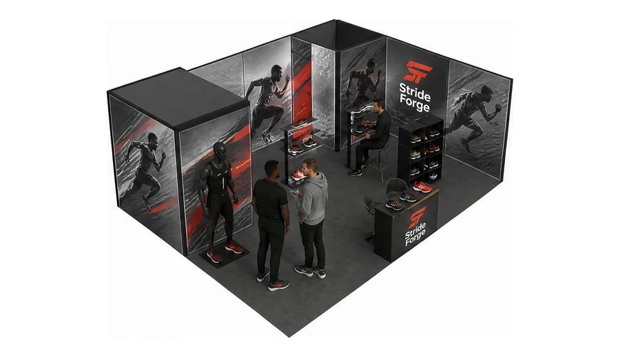 Stoisko 8 × 6 m narożne prawe dla branży sprzęt sportowy, przykładowa marka Stride Forge